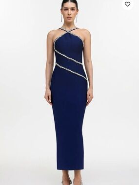 Kailani Classic Contour Halter Rhinestone Blue Bandage Maxi Dress